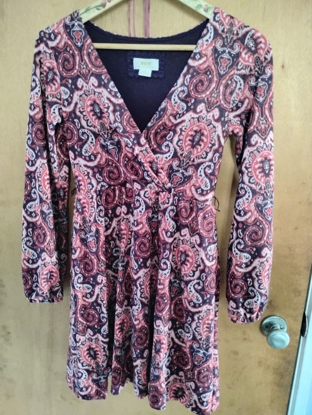 Anthropologie Maeve Paisley Print Vneck Retro 70s Boho Feminine Dress Size XS